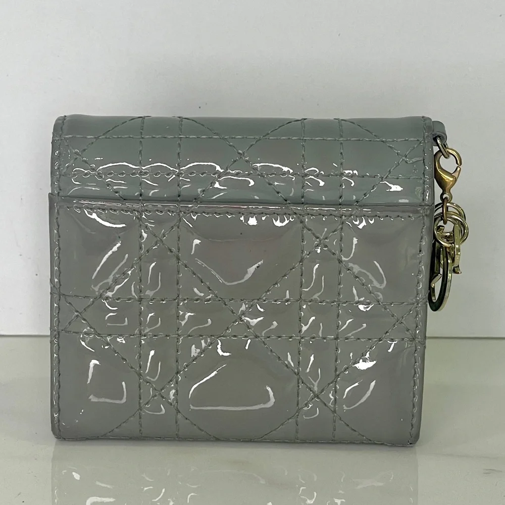 Auth CHRISTIAN DIOR Lady Dior Gray Trifold wallet  with Dior Charm